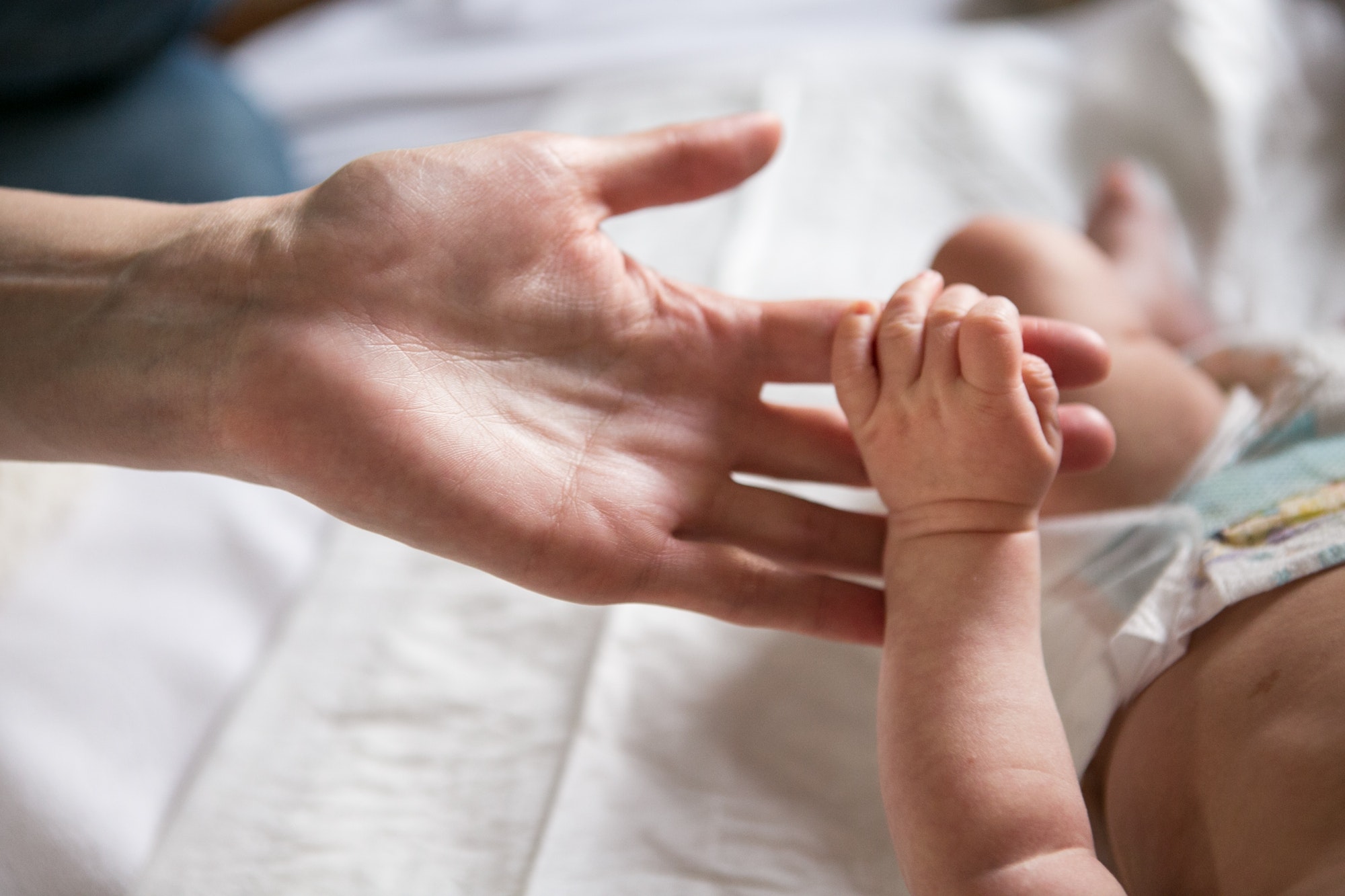Newborn baby is holding finger of parent